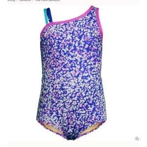 new $38 lands end swimsuit Girls Slim L Chlorine Resistant electric blue mosaic